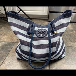 Tory Burch Blue/White Striped Tote Medium Size
